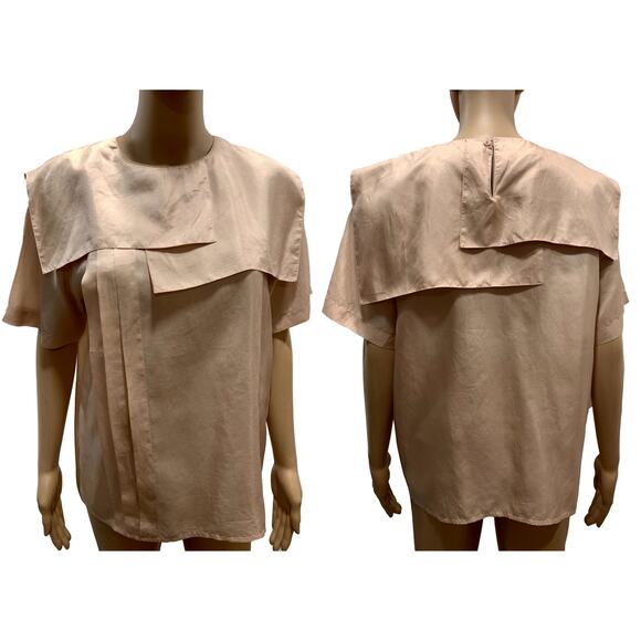 80s French Pale Peach Pink Silk Blouse Asymmetrical Cape Collar - Picture 1 of 10